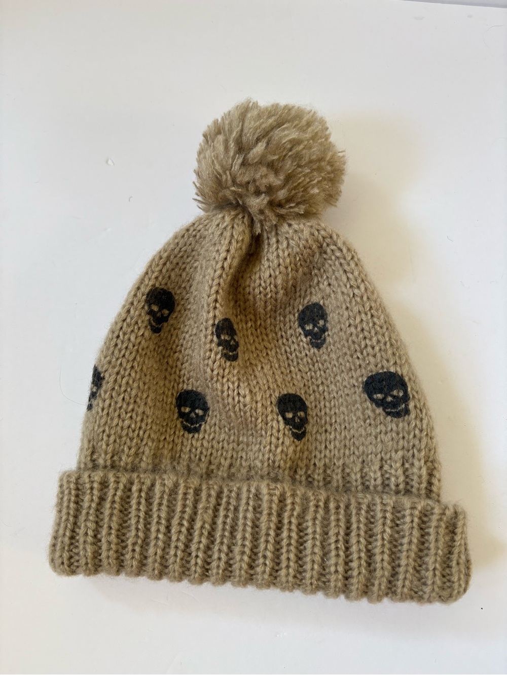 Wooden Ships Tan Beige Knit Beanie Pompom Hat Skull Mohair Wool Halloween Warm